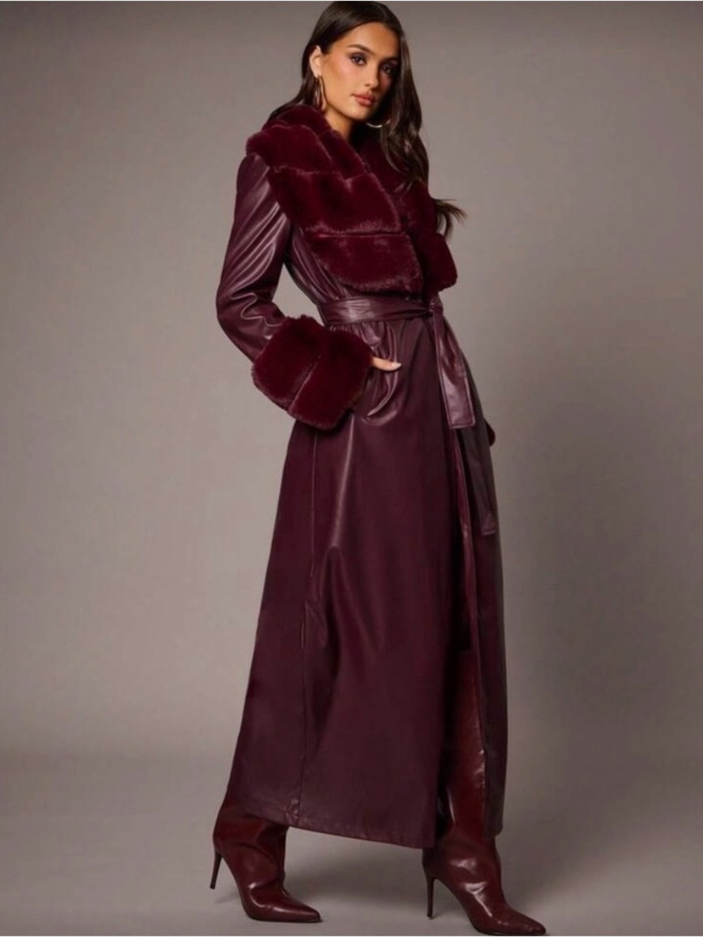 Lux Burgundy Faux-Fur Trim Trench Coat